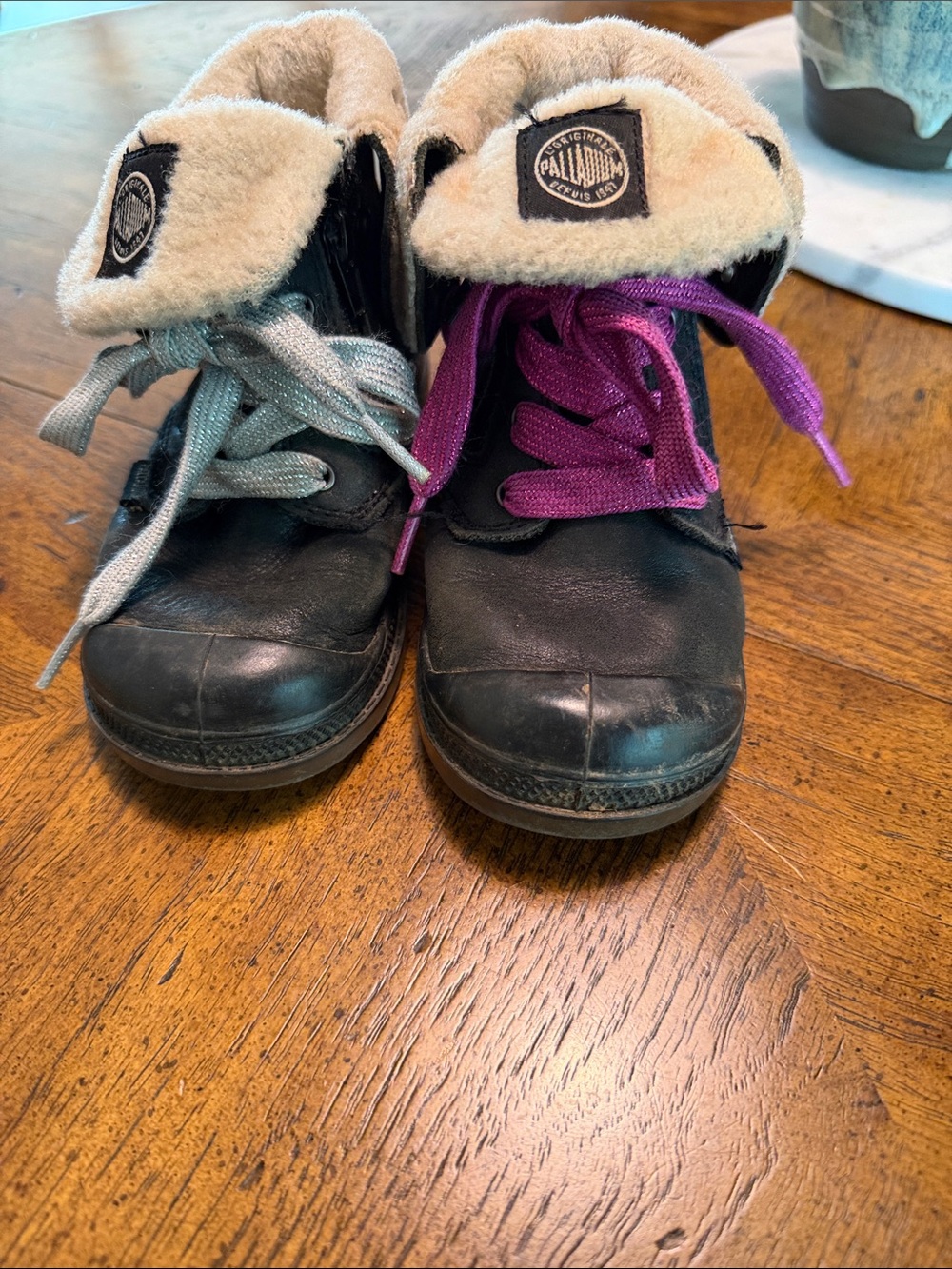 Palladium Kids Black Leather Boots with Cream Shearling and Colorful Laces